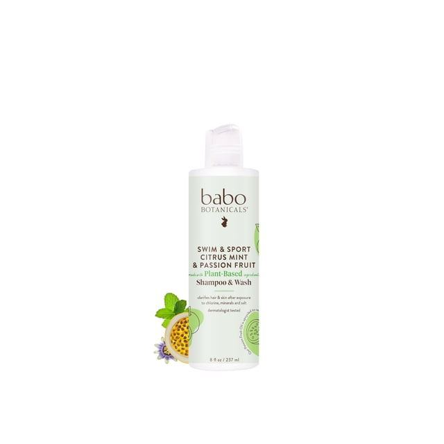 Babo Botanicals Swim & Sport Citrus Mint & Passion Fruit Shampoo & Wash - Limpiador purificante para cabello y cuerpo - Aloe y té verde - Para todas las edades - Aroma de aceites esenciales de cítrico