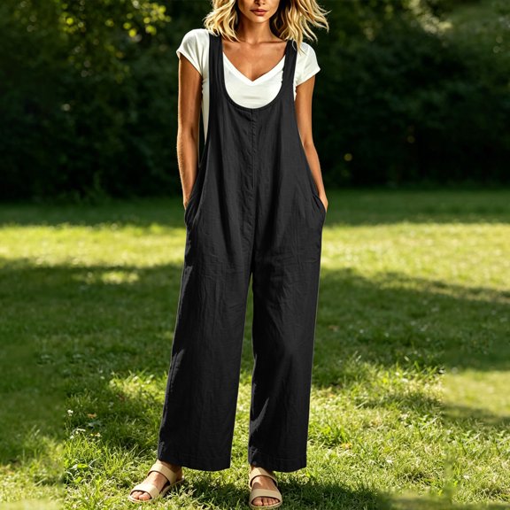 Women's Linen Wide Leg Overalls U Neck Sleeveless Loose Fit Side Pocket Casual Jumpsuit Long Pants for Weekend Casual Outing Black L