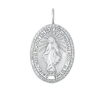 .925 Sterling Silver CZ Pendant - Mother Mary Medal Pray for us