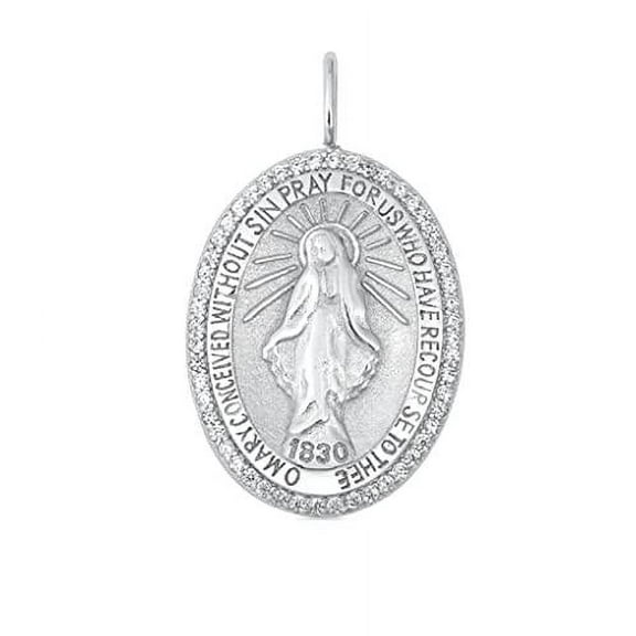 .925 Sterling Silver CZ Pendant - Mother Mary Medal Pray for us