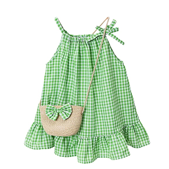 Vdoaml Little Girls Spaghetti Strap Beach Dresses Kids Gingham Sundress with Bag Toddlers Loose Babydoll Dress 1-2 Years Green