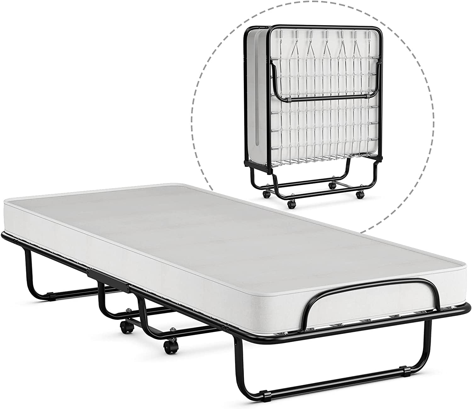 Huanghun Folding Bed with Memory Foam Mattress, Portable Bed Cot Size with Metal Frame and Wheels for Kids and Adults, Rollaway Guest Bed for Home and Office, Made in Italy