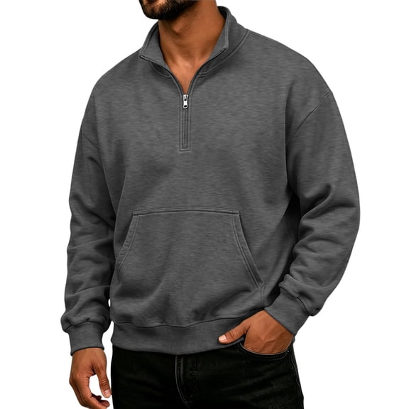Fleece Quarter Zip Sweatshirt for Men Long Sleeve Stand Collar Solid Pullover Trendy Fall Winter Casual Warm Comfy Top with Pocket Dark Gray XL