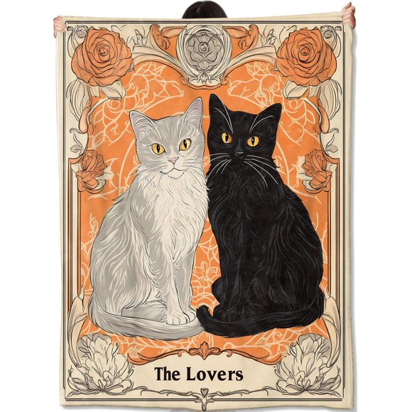 Couverture Couple Tarot Chat pour Femmes Adultes Filles Couvertures Jetées Animal Céleste Douce Confortable Légère pour Maison Halloween Canapé Lit Sofa Décor Artistique 50"x60 Pouces