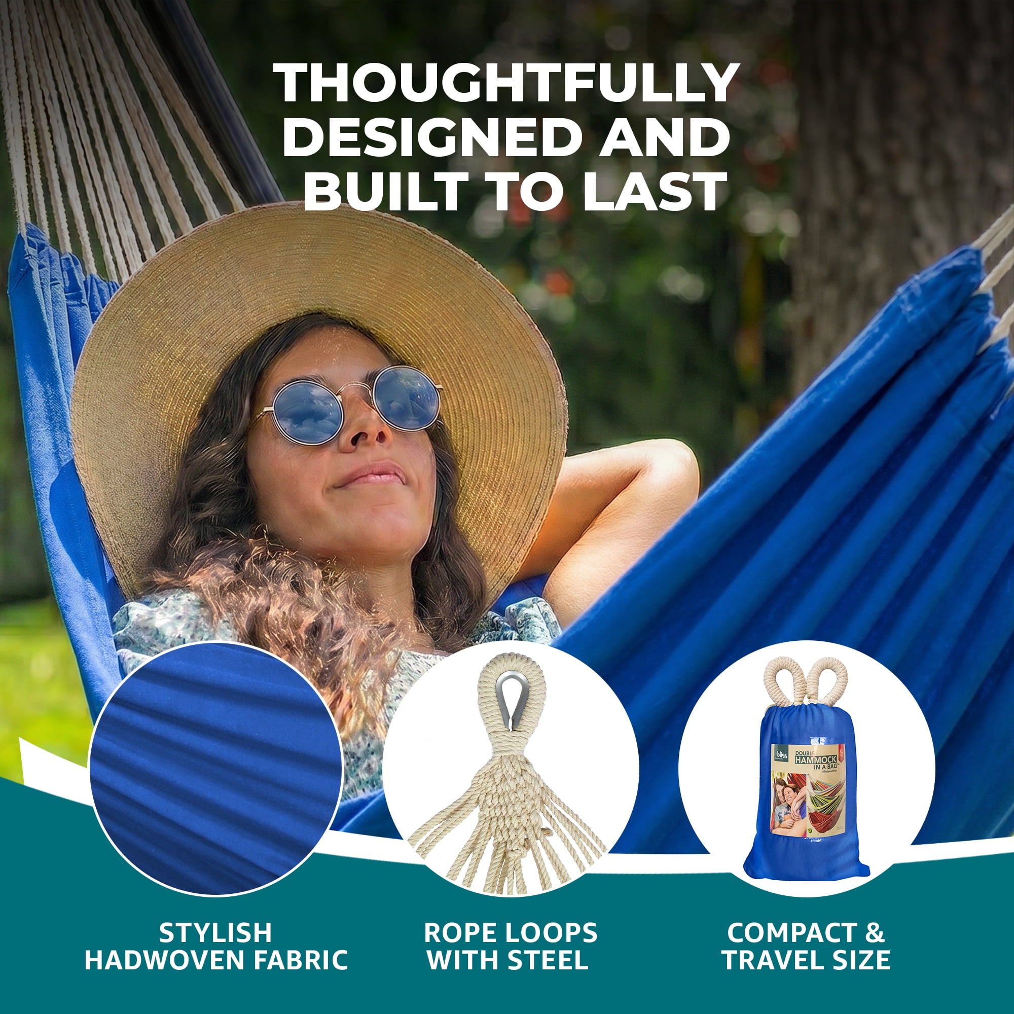Bliss Hammocks 60"W Double Hammock with Rope Loops & Tree Straps, 265 lb, Dark Blue