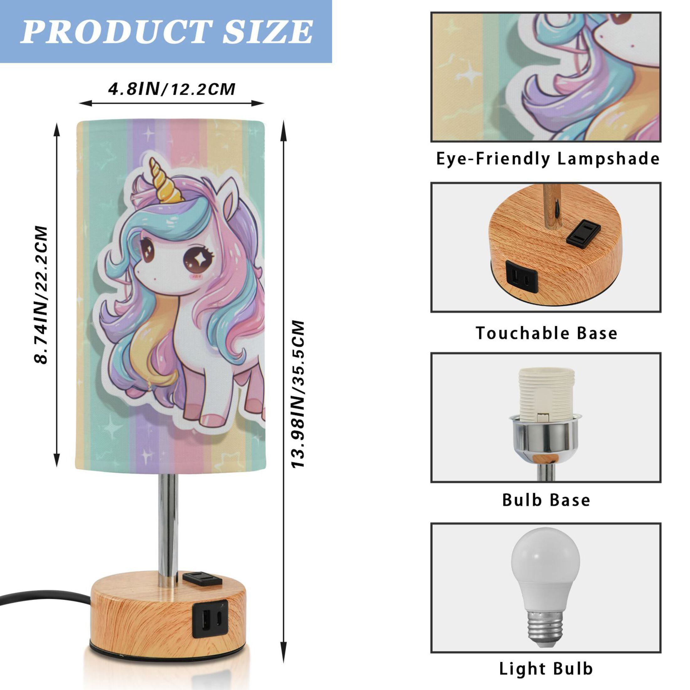 Touch-Control 3-Color Desk Lamp with Plug – Energy-Saving LED + 3 Simultaneous Charging Ports Cute Cartoon Unicorn
