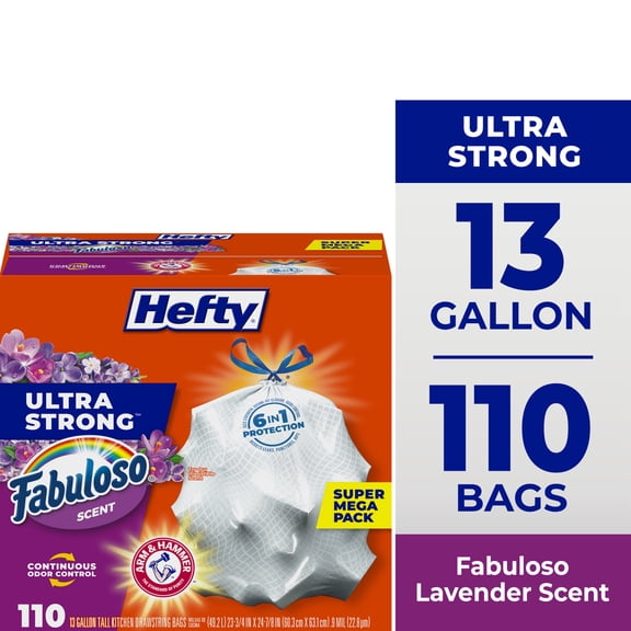 Hefty Ultra Strong 13 Gallon Trash Bags, Tall Kitchen Trash Bags, White, Fabuloso Scent, 110 Bags