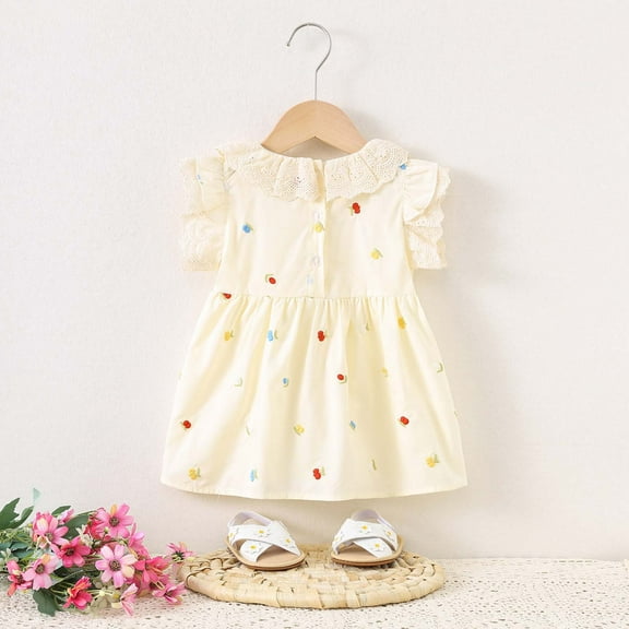 YHAJDS Baby Girl Sleeveless Dress Floral Embroidery Collar Dress