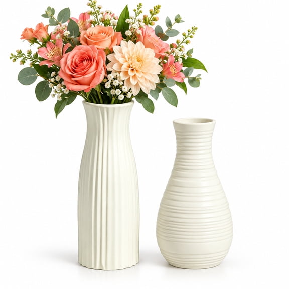 2 Pack White Modern Decorative Vases – Minimalist Faux Ceramic Plastic Flower Vases for Home Decor, Living Room, Table Centerpieces, Wedding & Office