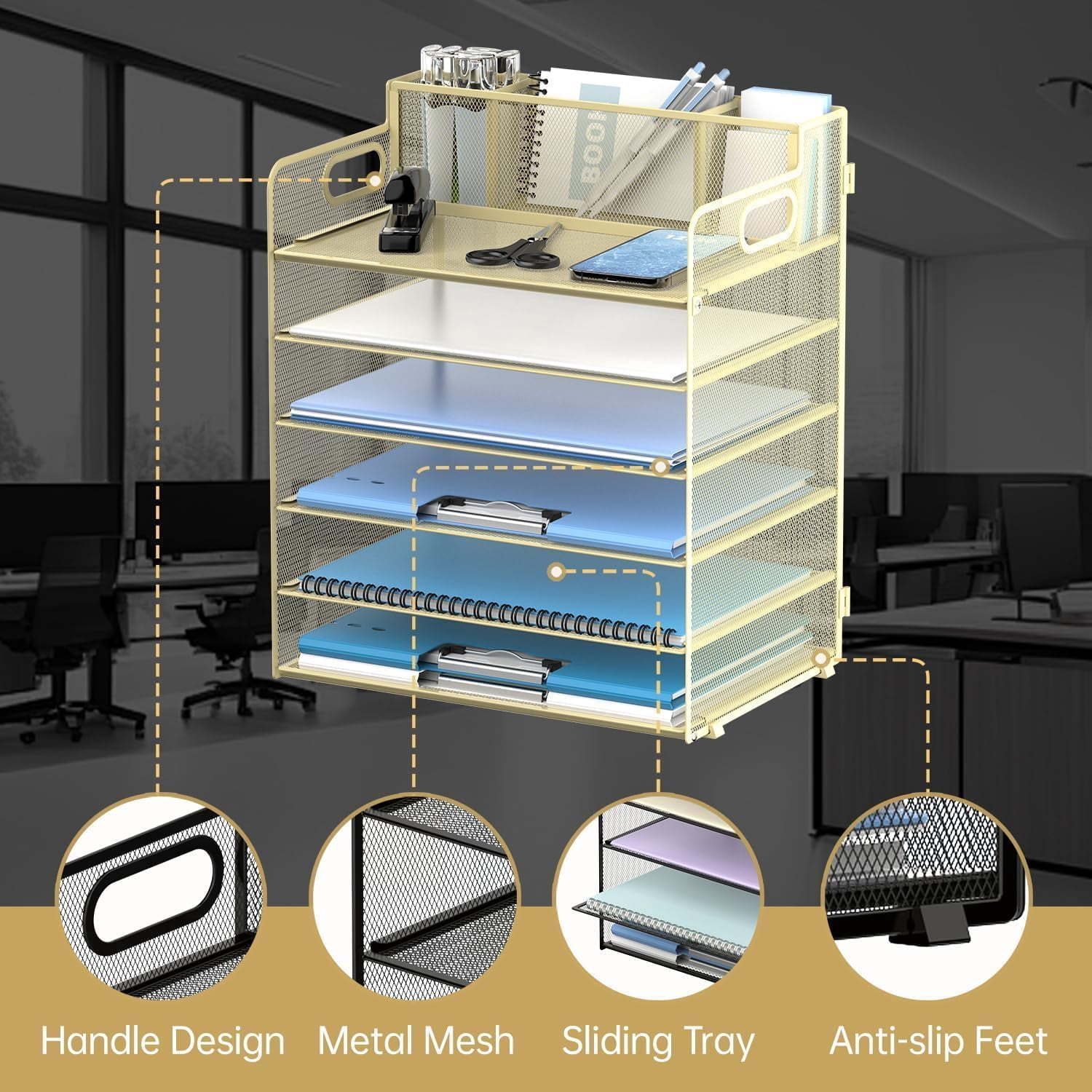 INTIGE 6-Tier Desk Organizer, Metal Desktop Paper Tray with 3 Pen Holders, Desktop Organizer for Home Office