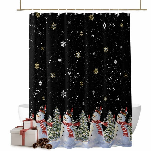 Christmas Bathroom Shower Curtain Winter Xmas Snowman Pine Tree Snowflakes Black Waterproof Washable Shower Curtains for Bathtub Bath Decor with Grommets and Hook 72 X 72 Inch