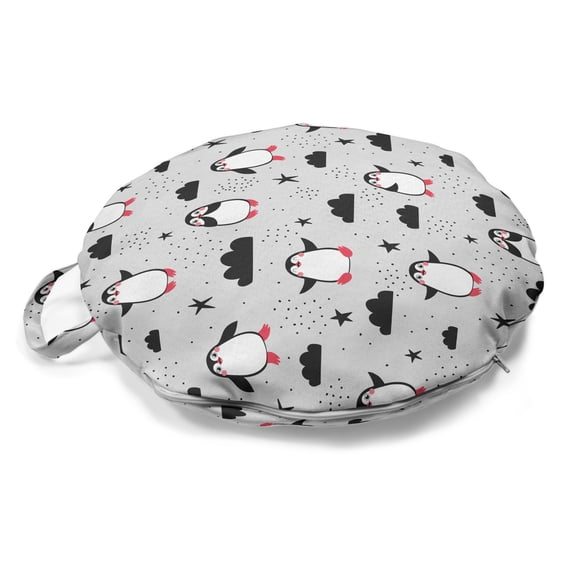 Cartoon Round Floor Cushion with Handle, Funny Penguins in Love Joyful Arctic Animals Stars Clouds Doodle, Decorative Pillow for Living Room & Dorms, 18" Round, Dark Blue Grey and Black, by Ambesonne