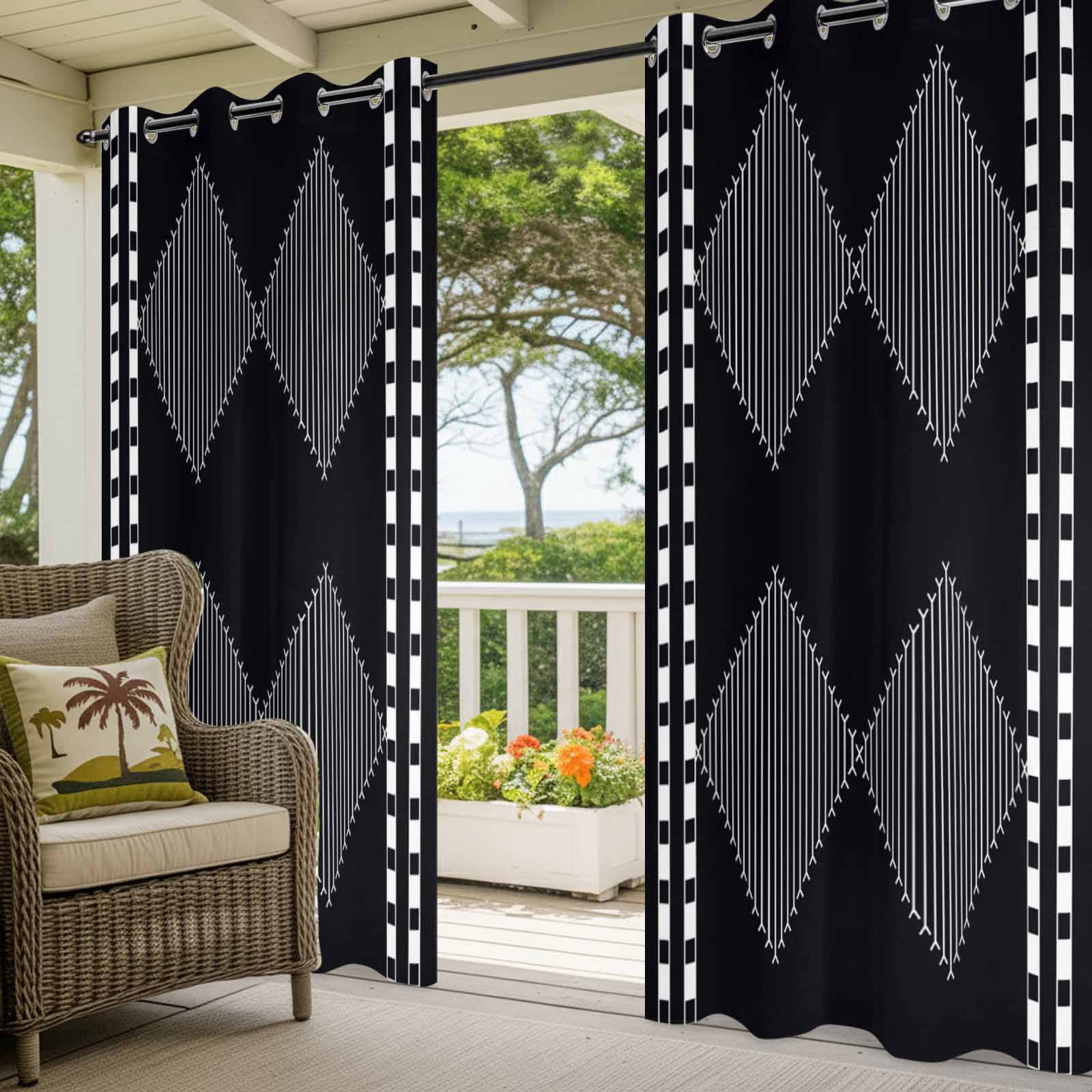 Modern White and Black Outdoor Curtains for Patio, Striped Diamonds Checkered Border Art Sunshade Privacy Drapes Grommet Waterproof Outside Curtains for Porch/Cabana/Balcony 54"x 108", 1 Panel