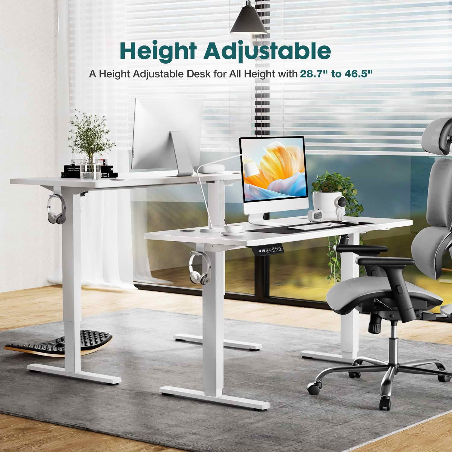 MAYEERTY 63x24 Electric Height Adjustable Standing Desk, Splice Board 2 Hooks Wire Hole, Home Office Computer Table, White