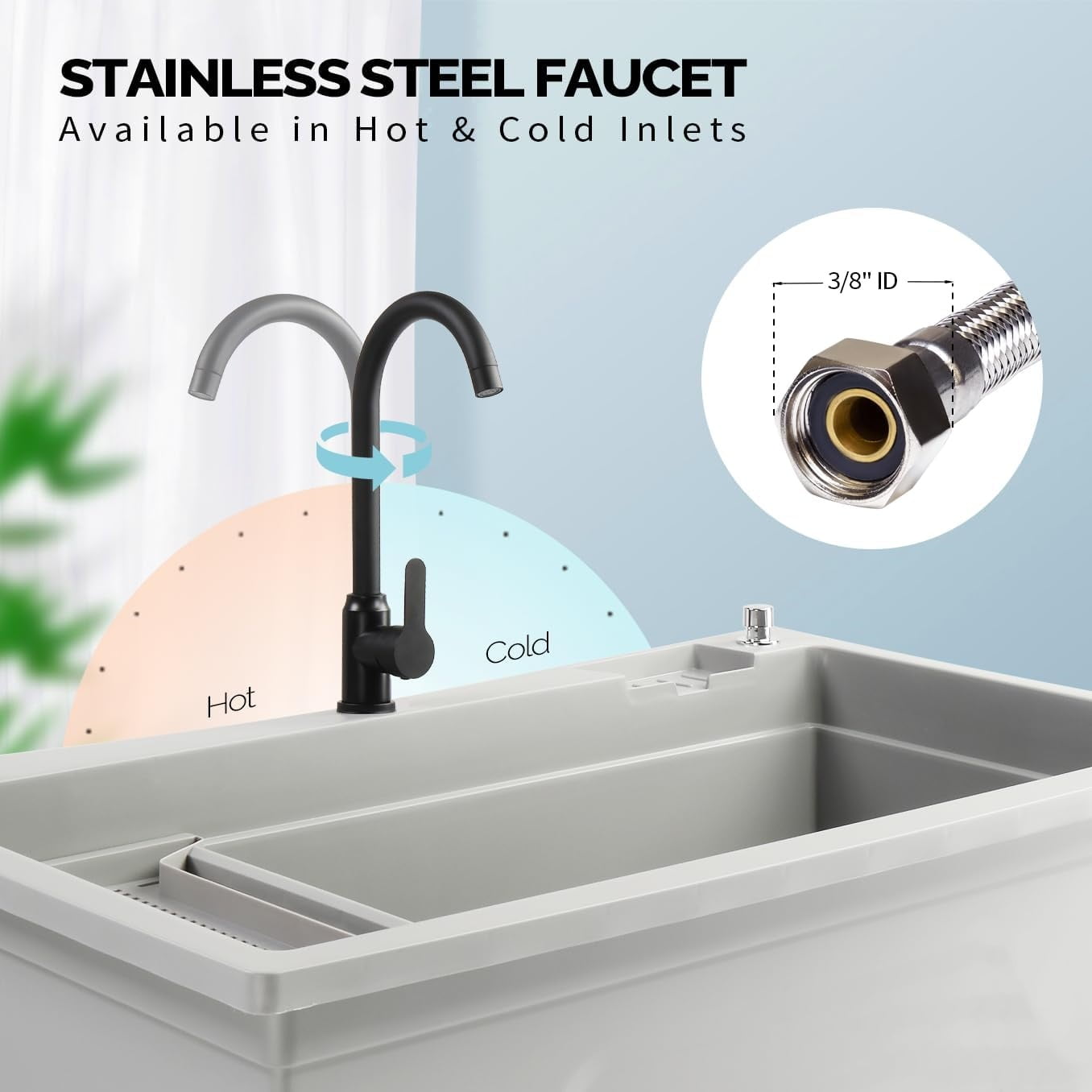 Ktaxon 27 Gallon Plastic Utility Sink with Hot/Cold Faucet, 36" Freestanding Laundry Tub with Iron Legs, Storage Shelf, Drain Board, Soap Dispenser and Pop-up Button for Bathroom, Laundry Room, Gray