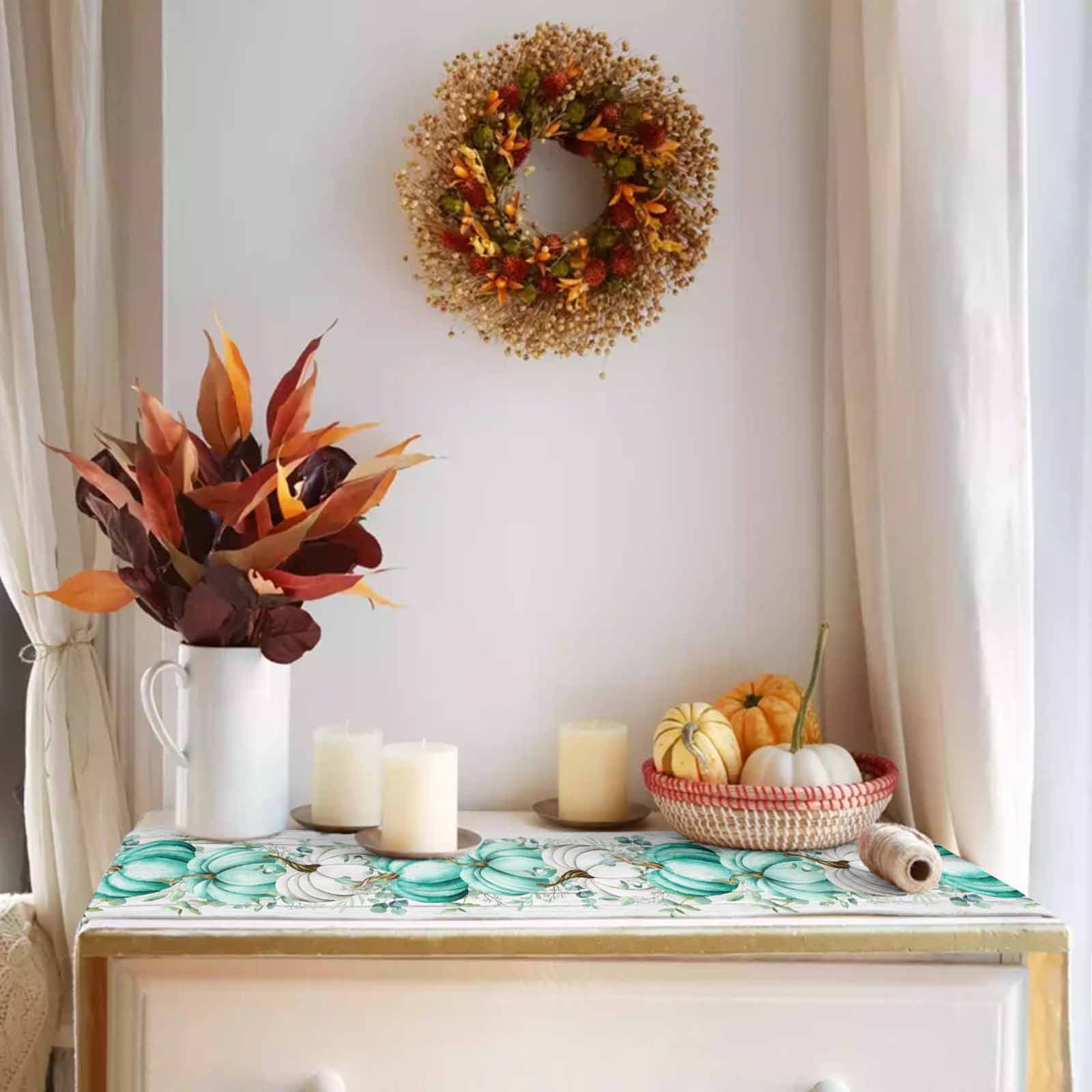 Table Runner 36 Inches Long, Fall Teal Pumpkin Thanksgiving Eucalyptus Wood Plank Cotton Linen Table Runners Non-Slip Durable Dresser Scarves for Table Party Dinner Holiday Home Decor, 1 Pack