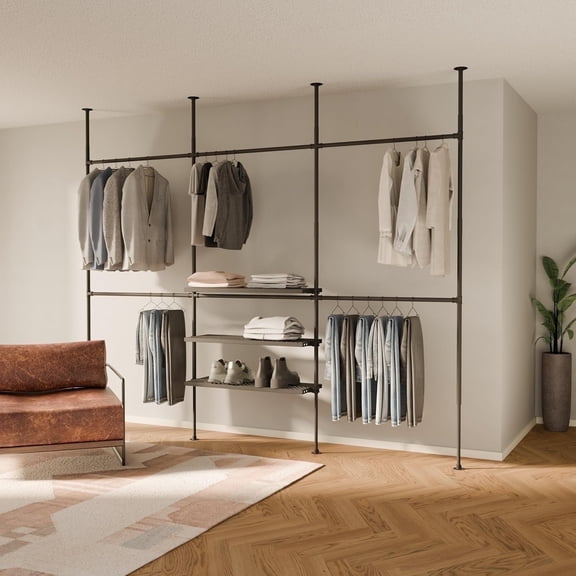 pamo Industrial Pipe Clothing Rack with Shelf - 550 lbs Capacity - Clamping Clothes Rack and Walk In Closet with Metal Shelf for Wardrobe
