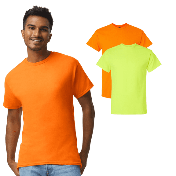 Hanes High Visibility Safety T-Shirt for Men, Hi Vis Workwear Crewneck Safety Orange and Safety Green Tee 2 Pack, Size S
