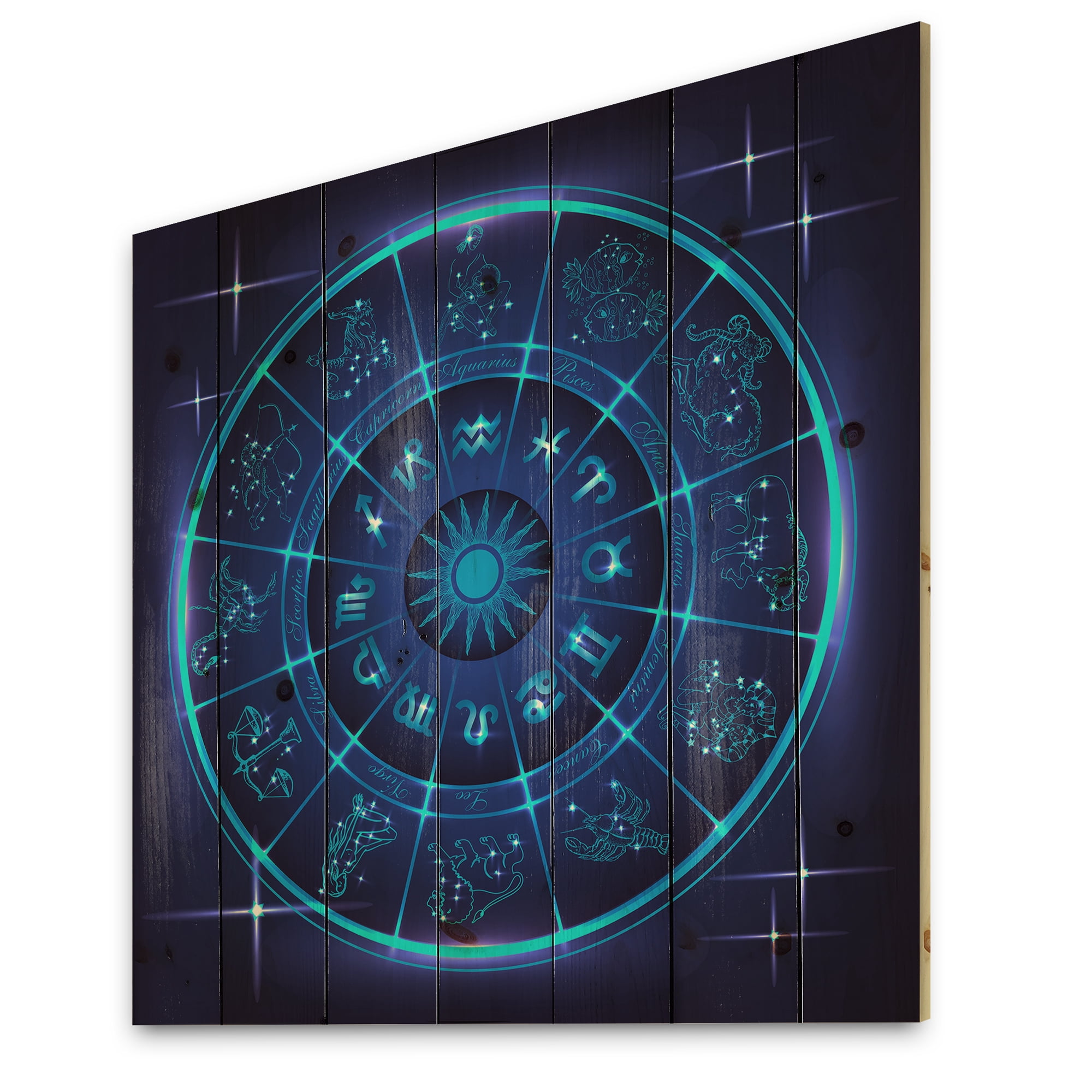 Designart 'Zodiac Signs With Neon Deep Blue Horoscope Circle' Modern Print on Natural Pine Wood