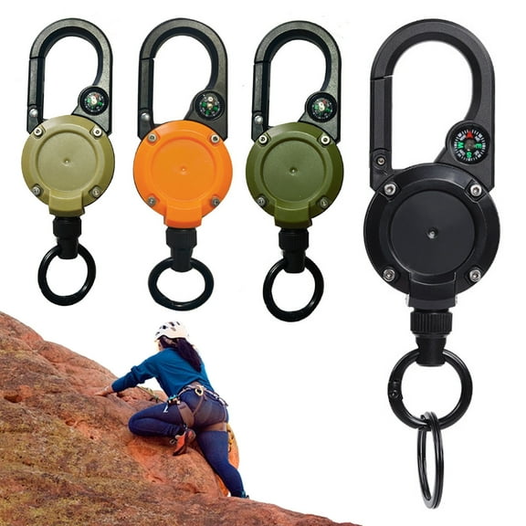Callipe Retractable Keychain with Compass Steel Wire Carabiner Badge Reel Holder Clip Key Ring Heavy Duty Outdoor Camping Climbing Anti-lost Buckle