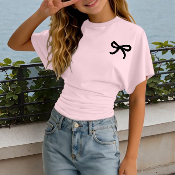 YaEYa Cinched Waist Shirts for Girls Ruched Tighten Waist T-Shirt Summer Casual Crewneck Basic Tees Going Out Y2k Clothes 3-14Y