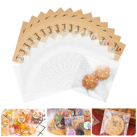 Sunjoy Tech 100Pcs Self Sealing Cookie Bags,Clear Cellophane Bags, Cookie Bags with 120Pcs Stickers,Resealable Treat Bags for Candy Desserts Baked Goods
