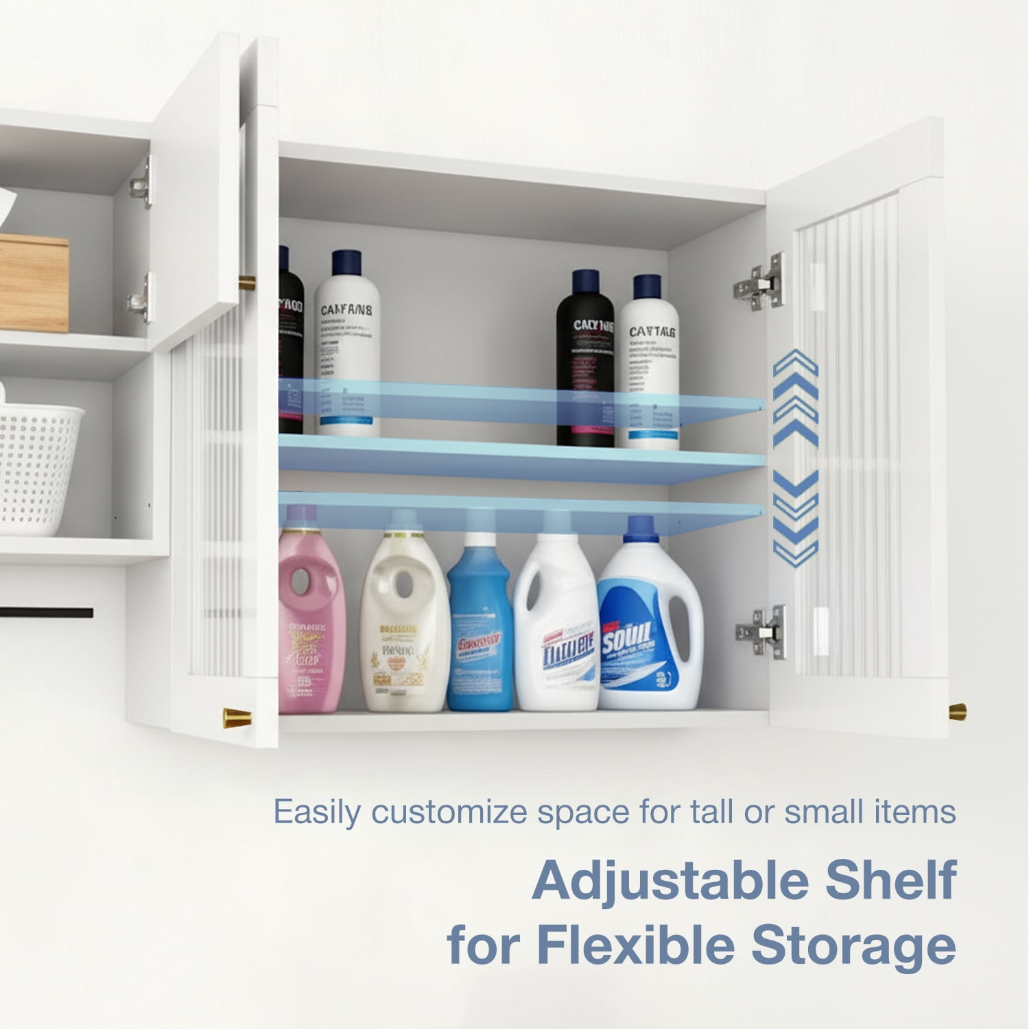 Advwin Wall Mounted Laundry Room Cabinet with Fluted Glass Doors, Hanging Rod, Hooks & Adjustable Shelves, Floating Storage Cabinet for Kitchen, Bathroom or Pantry Organization
