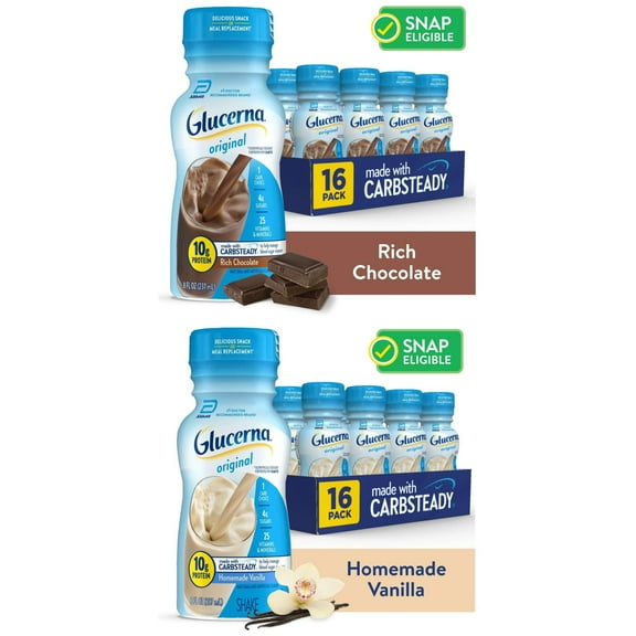 Glucerna Original Diabetic Protein Shake 32Ct Variety Pack (16 Chocolate & 16 Vanilla)