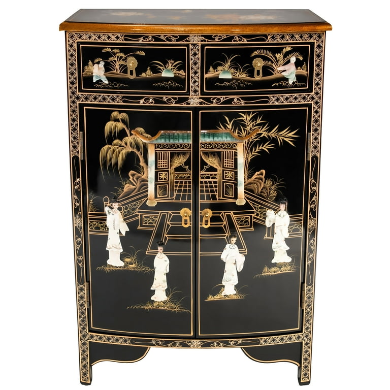 Oriental Furniture Black Lacquer Half Round Cabinet Royal Ladies