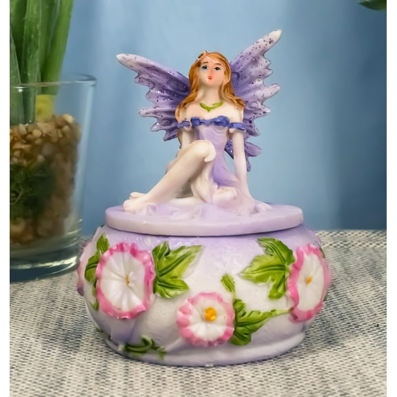 Purple Lavender Fairy Garden Fae Small Round Trinket Jewelry Box Figurine 3.25"H