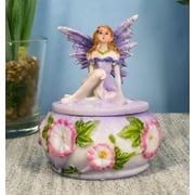 Purple Lavender Fairy Garden Fae Small Round Trinket Jewelry Box Figurine 3.25"H