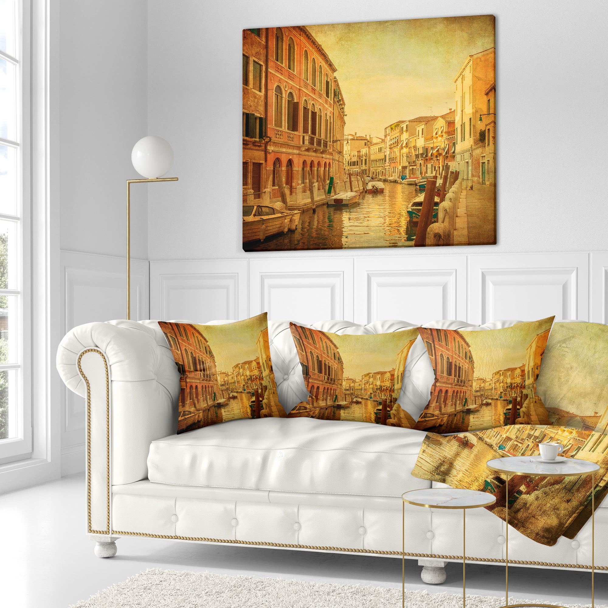 Designart Venetian Canals Vintage View - Landscape Photography Throw Pillow - 16x16