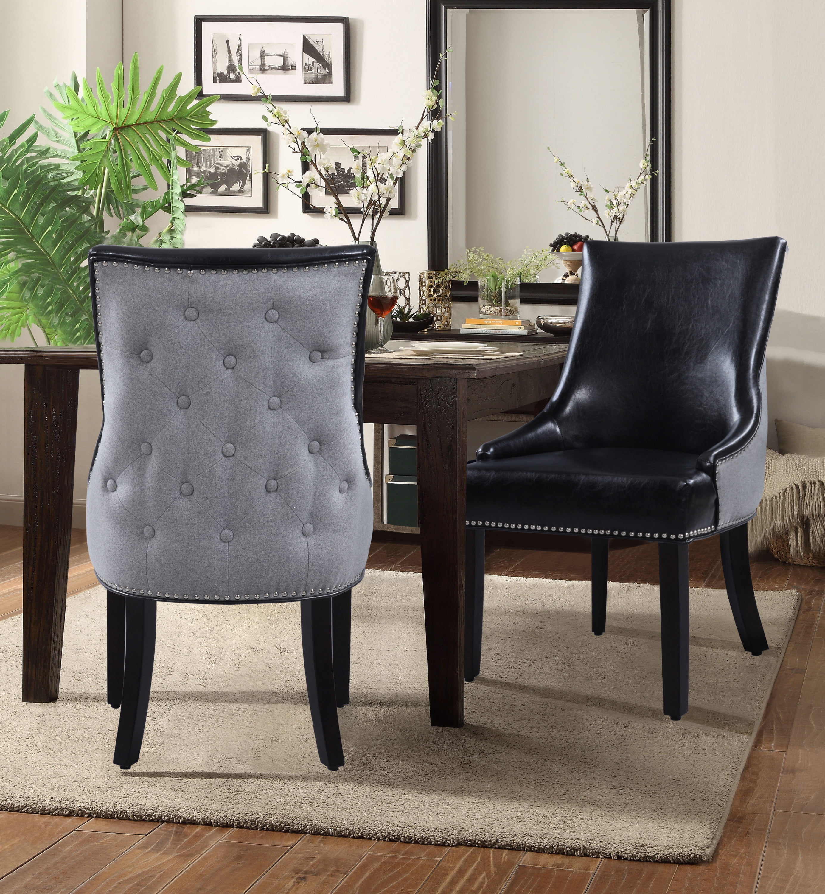 Chic Home Cooper PU Leather, Linen Swoop Arm Dining Chair, Set of 2