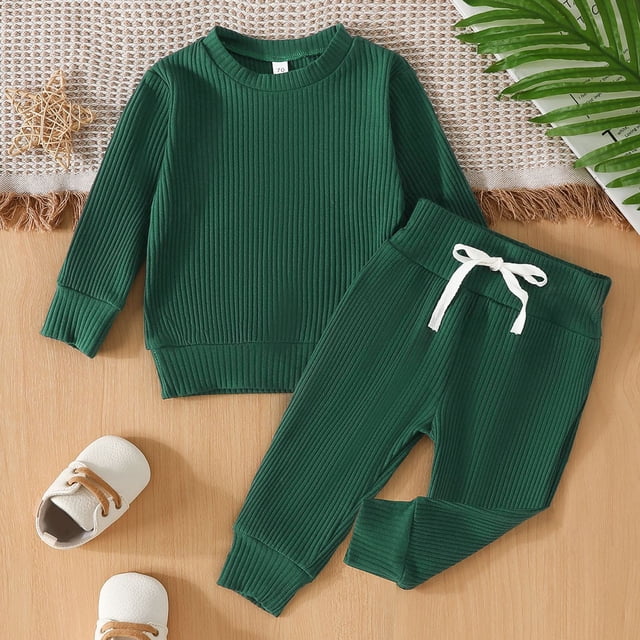 Fgnfyis Toddler Girls Boys Winter Long Sleeve Ribbed Solid Color Tops Pants 2PCS Outfits Clothes Set 80 Green