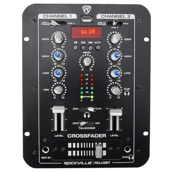 Rockville RDJ3BT 2 Channel DJ Mixer with USB, Bluetooth, Talkover, 4 Line Inputs