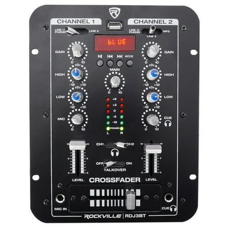 Rockville RDJ3BT 2 Channel DJ Mixer with USB, Bluetooth, Talkover, 4 Line