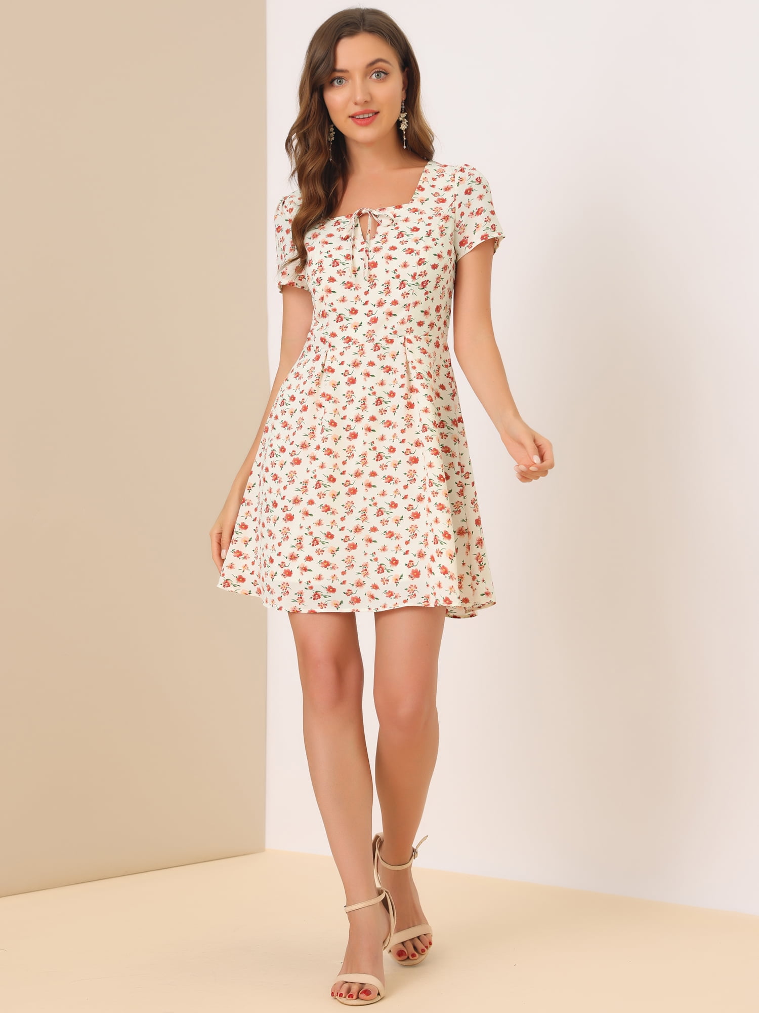 DARING DIVA Square Neck Short Sleeve Print A-Line Dress S White-Floral