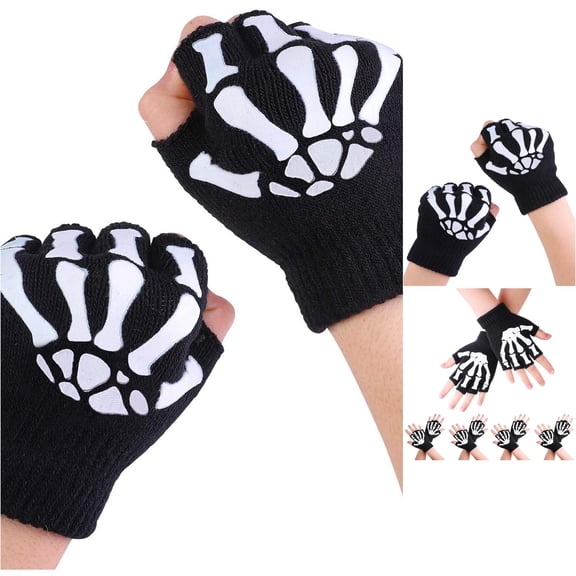 TBWNWG Kids Warm Knitted Skeleton Fingerless Pairs Dark Glow in The Mitten,One Size