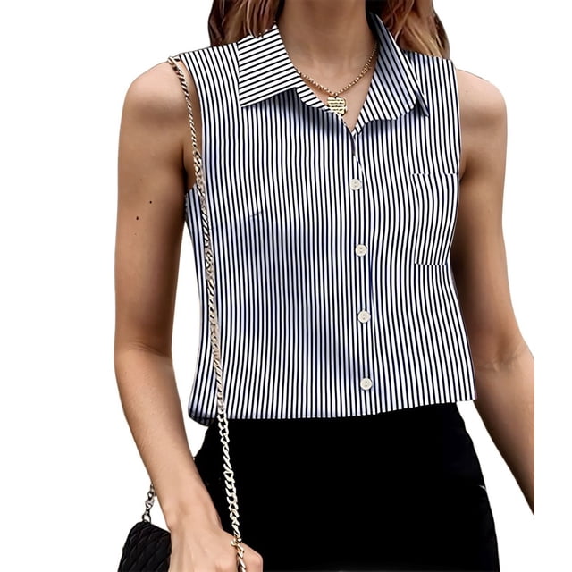 Camisas Sin Mangas con Botones para Mujer, Blusas Informales de Negocios con Cuello en V y Cuello Halter. Azul S