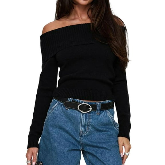 Off the Shoulder Sweater for Women Fall Fashion Cute Long Sleeve Tops Winter Ribbed Pullover Knit Outfits Black XL