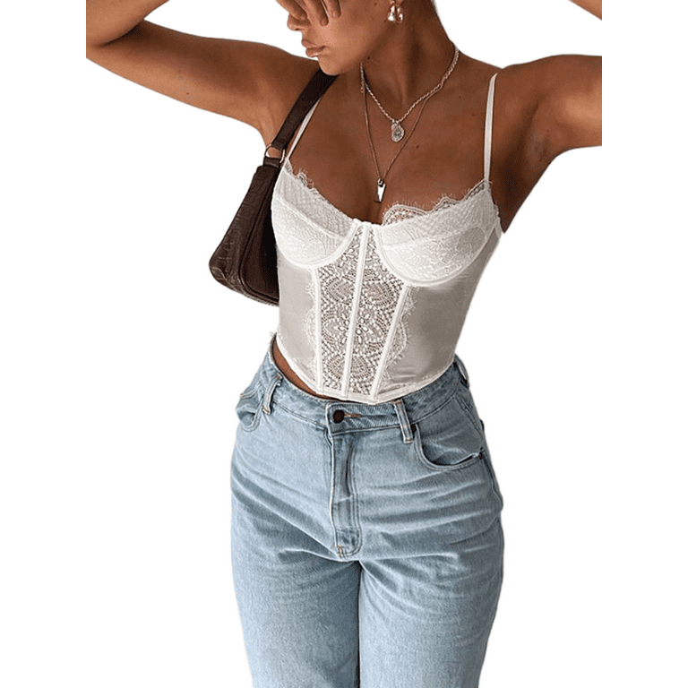 Aesthetic Lace Corset Tops for Women Patchwork Cami Top Sexy V Neck  Sleeveless Push Up Bustier 