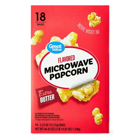 Great Value Microwave Popcorn, Butter, 6 Count Cheap Great Value Extra Butter Flavored Microwave Popcorn, 18 Count, 2.55 Oz Bags