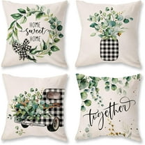 Spring Farmhouse Pillow Covers 20x20 Set of 4 Buffalo Plaid Floral Truck Pillowcases Home Sweet Home Bloom Flower Home Decor Eucalyptus Leaves Cushion Cases for Couch Sofa Patio Balcony