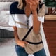thumbnail image 2 of Blusa de camiseta informal con cremallera y estampado de manga corta con cuello en V de verano para mujer con estilo OAVQHLG3B Store lin121212, 2 of 5