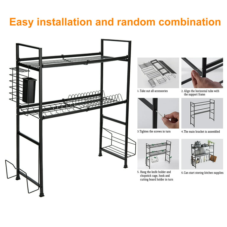 Over The Sink Dish Drying Rack Adjustable (32.6-37), 2 Tier  Large Capacity Stainless Steel Expandable Dish Drainer for Kitchen  Organizer Storage Space Saver, All In One with 10 Functional Parts