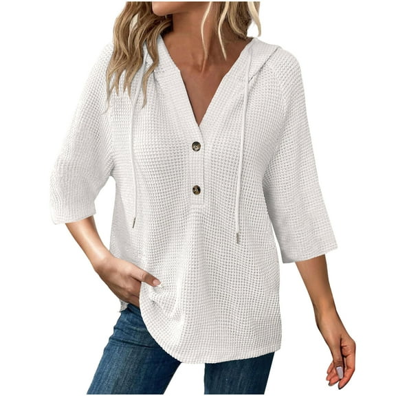TKYCMSUAKI Women Plus Size Shirts Waffle Knit 3/4 Sleeve Tees Button V Neck Drawstring Pullover Hoodie Casual Tunic Tops