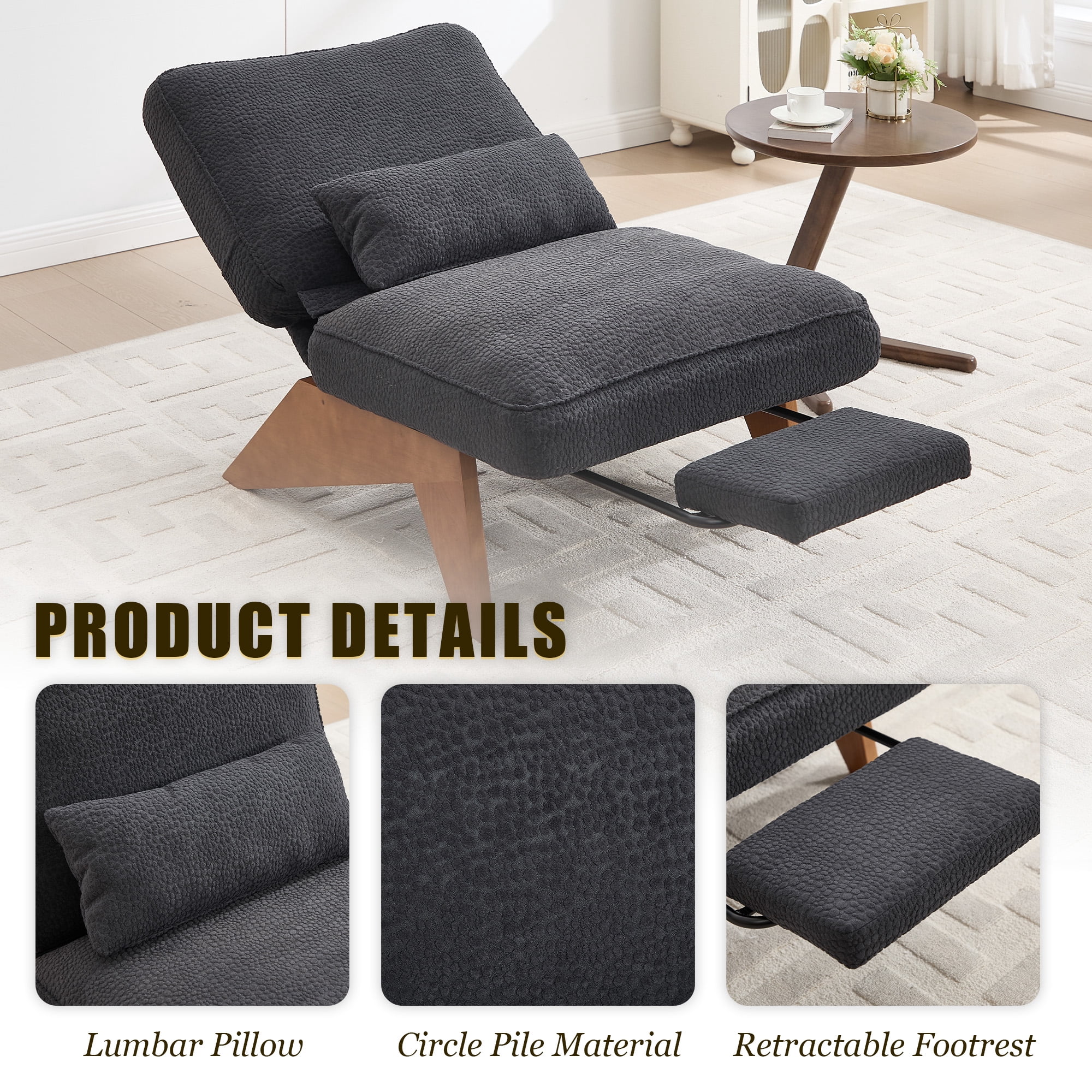Homefun Modern Adjustable Lounge Chair with Footrest,Wooden Base Upholstered Recliner for Reading Rest Circle Fleece