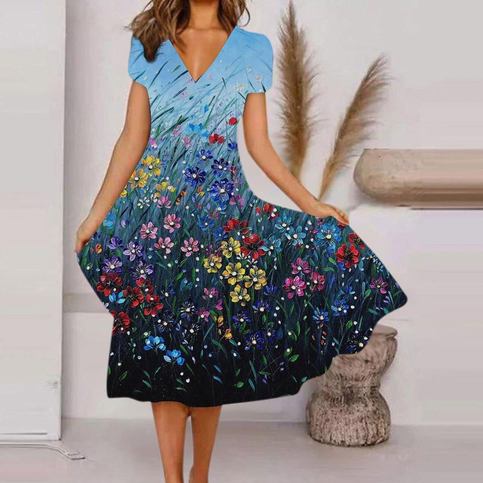 Summer Dresses 2023 Aoujea Plus Size Dresses for Women s Fashion Sexy  Vintage V Neck Short Sleeve Printing Party Savingsu0026nbsp;upu0026nbsp;tou0026nbsp;30%u0026nbsp;off  Blue L - Walmart.com