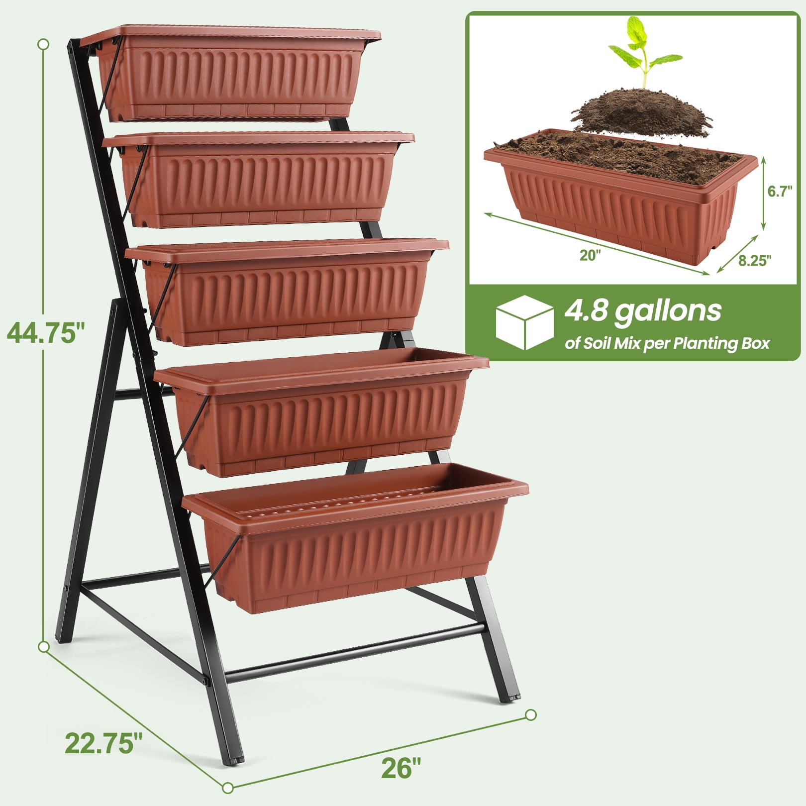 Funcid 4 ft Vertical Garden 5-Tier Raised Garden Bed for Patio Balcony Flower Herb Freestanding Garden Planter Box Brown, 26"×22.75×45"