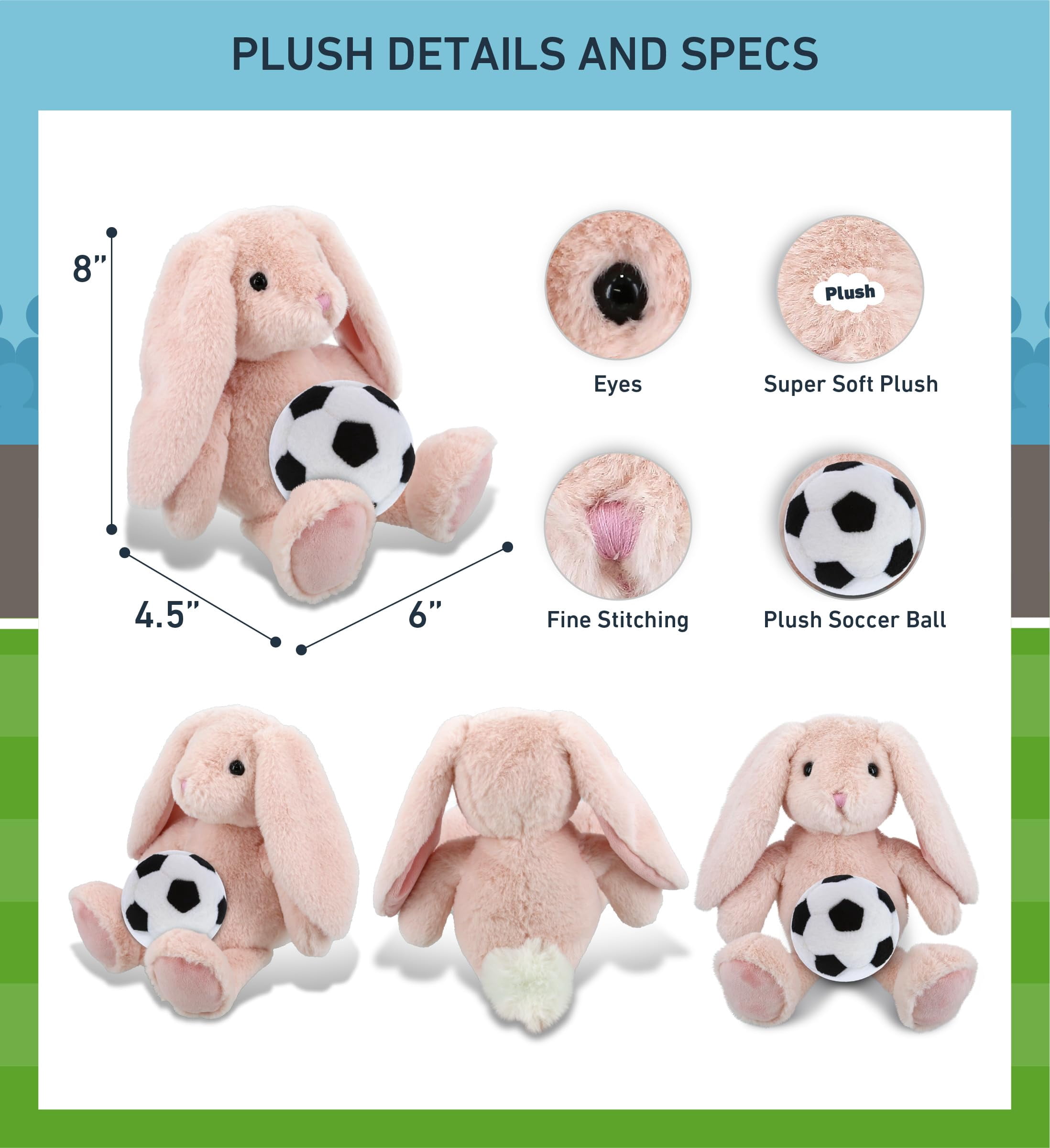 DolliBu Baby Pink Rabbit Stuffed Animal with Soccer Ball Plush - Soft Huggable Rabbit, Adorable Playtime Plush Toy, Cute Farm Life Gift, Super Soft Plush Doll Animal Toy for Kids and Adults - 8 Inch